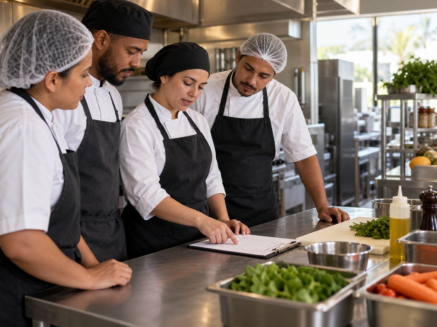 Equipe de cozinha participa de uma orientação prática